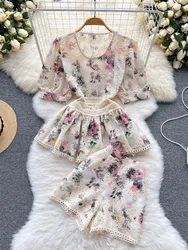 Elegant Flower Embroidery Lace Shorts Set Women Short Sleeve Hollow Out Ruffles Shirt Top+Wide Leg Shorts Summer 2 Piece Outfits