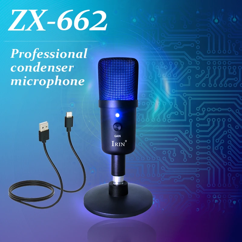 IRIN ZX-662 Condenser Microphone RGB Light HIFI Sound Mic 0 Delay Noise Reduction USB Plug Play for Gaming Streaming Recordings