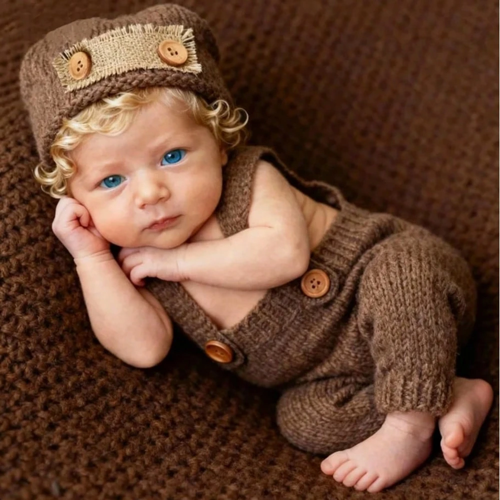 Newborn Photography Knit Outfit Brown Vintage Baby Photo Shoot Prop Soft Newborn Photo Costume for Studio Portrait Shooting Arts