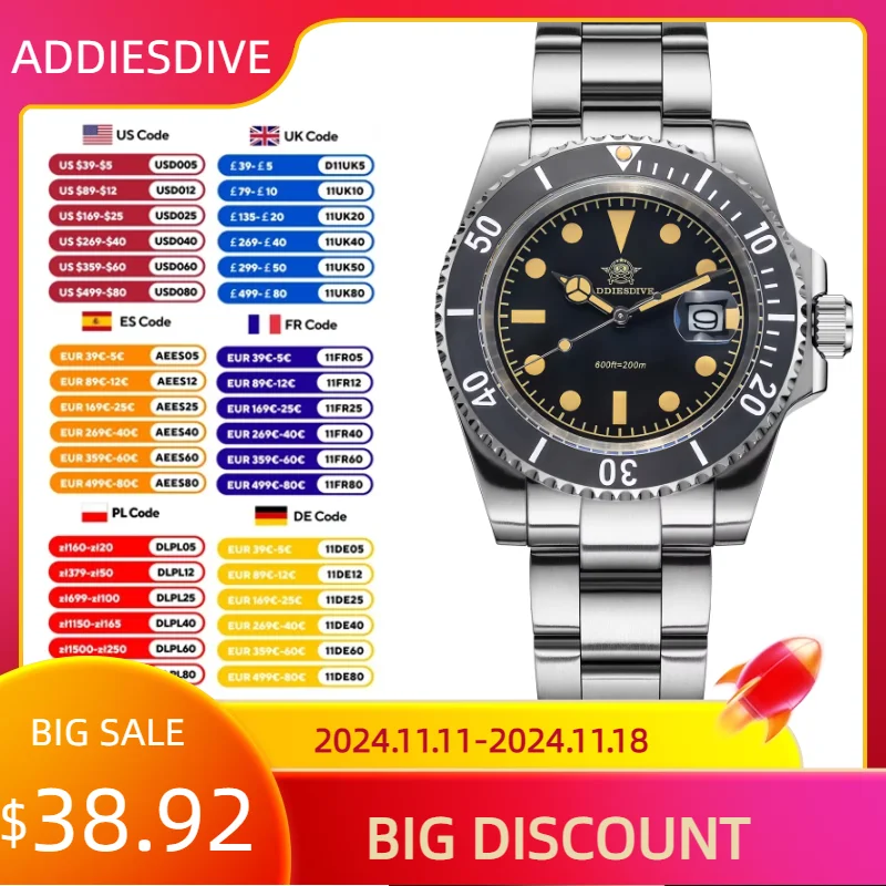 ADDIESDIVE Top Brand Quartz Watch Stainless Steel 20Bar Waterproof Super Luminous Men Watches Business AD2054 Relogios Masculino