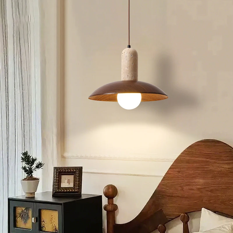 Japanese Retro Wabi Sabi Yellow Travertine Pendant Light Rotundity Wood Grain Wrought Iron Hanging Lamp Study Bedroom Chandelier