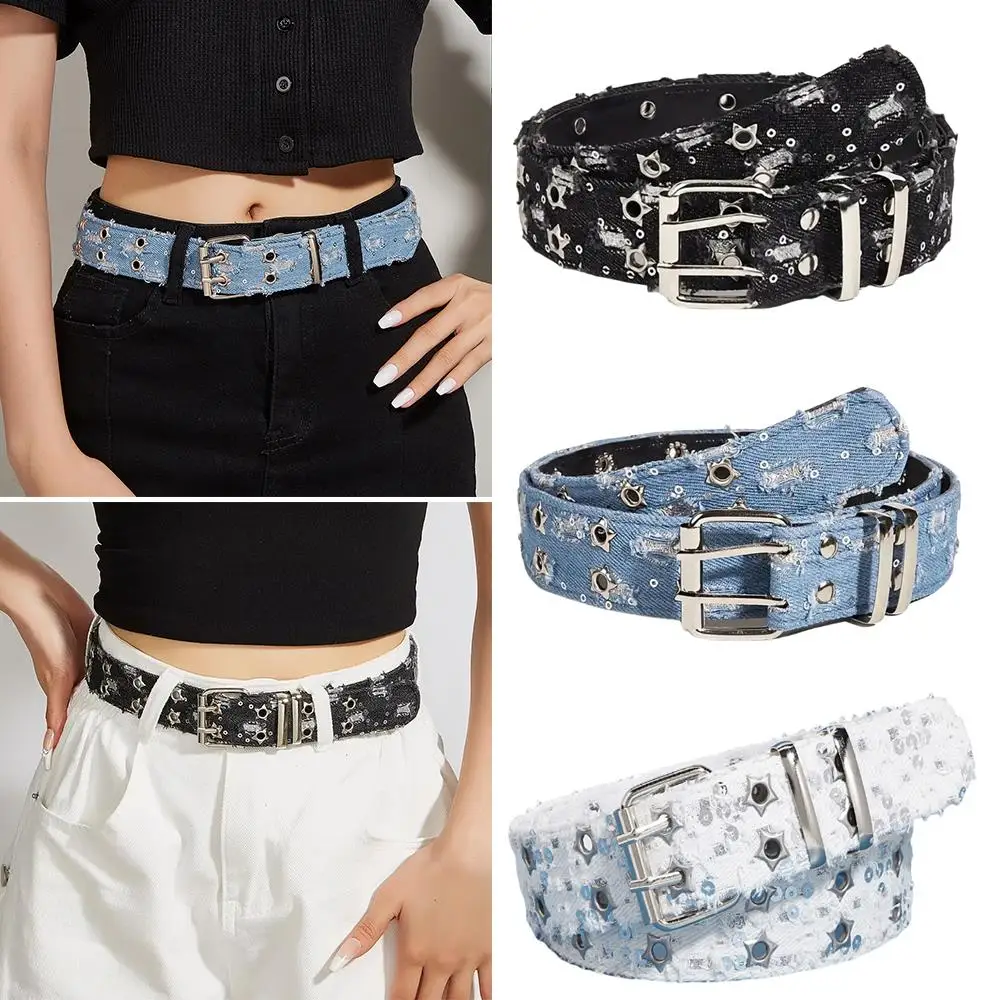 

Star Hollow Out Blue Denim Waistband Double Breasted Grommet Waist Belt Alloy Pin Buckle Eyelet Denim Fabric Belt Punk Waistband
