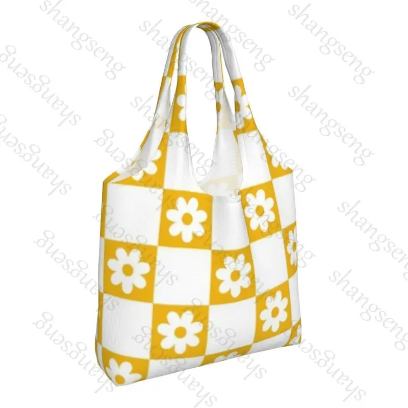 

Tote bag printed foldable eco-friendly shopping bag large capacity portable shoulder handbag Checkerboard Flower
