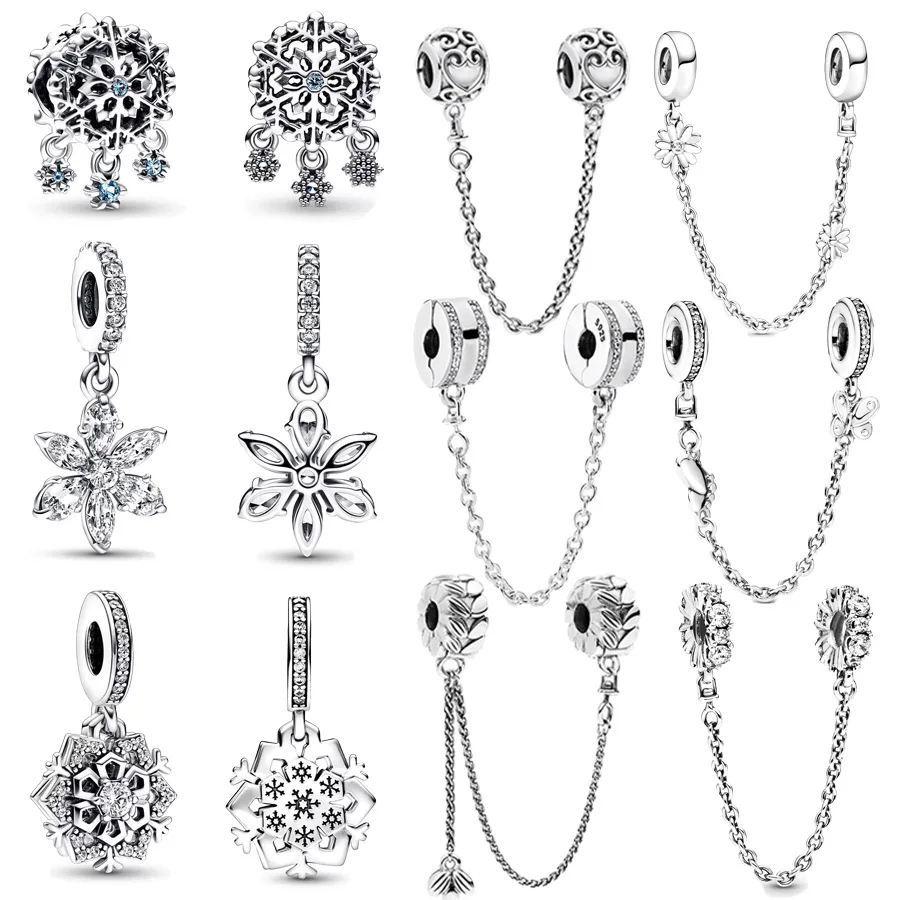 Sparkling Snowflake Dangle Charm Daisy Flower Safety Chain Charm Bead Fit Original European 925 Sterling Silver Bracelet Jewelry