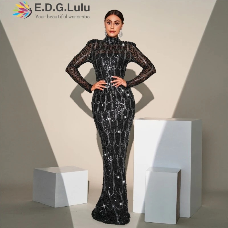 

EDGLuLu Elegant Slim Print Sequin Black Party Long Evening Gown Stand Collar See Through Mesh Long Sleeves Designer Dress 0719