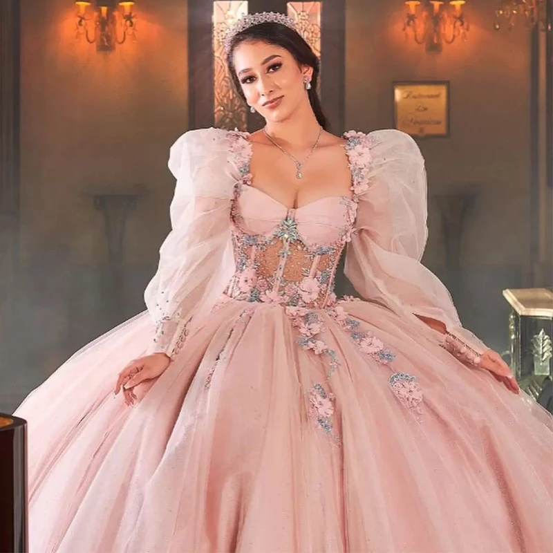 Vestidos De quinceañera con escote Corazón, manga larga hinchada, 15 Vestidos, flor 3D, Princesa, 16 Años