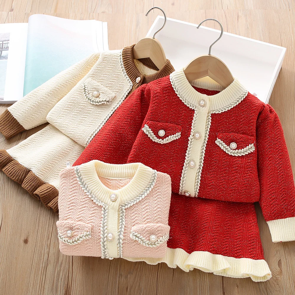 

Girls Knitted Clothes Sets Spring Autumn Children Woolen Jersey Sweaters Coats Skirts 2pcs Dress Suit For Baby Party Outfit Kids