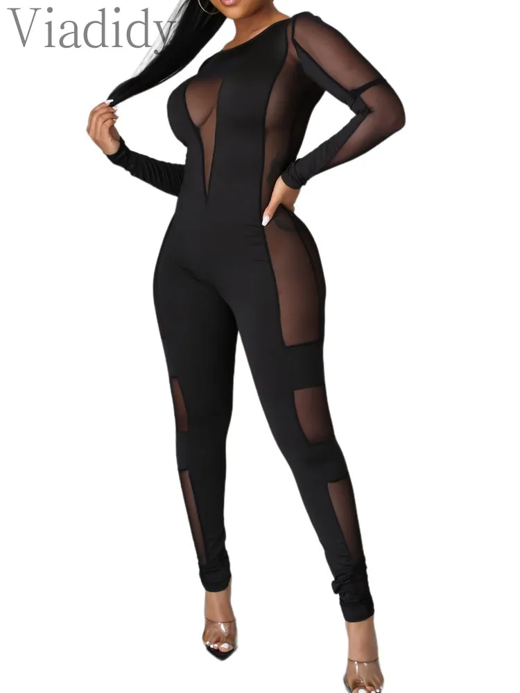 Women Sexy Mesh Sheer Skinny Jumpsuit