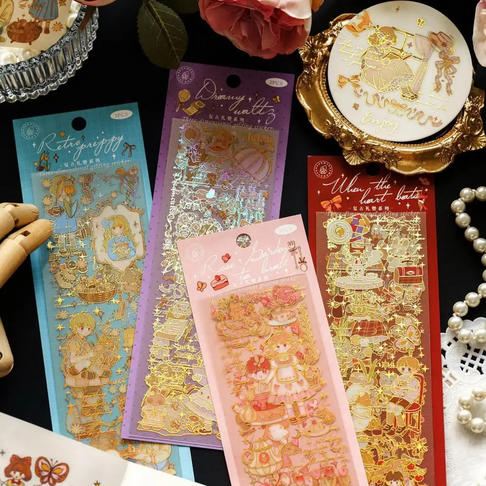 3 Sheets Unique PET Journal Sticker 3D Bronzing Process Multi-purpose Decoration Beautiful Stationery Stickers Decorative