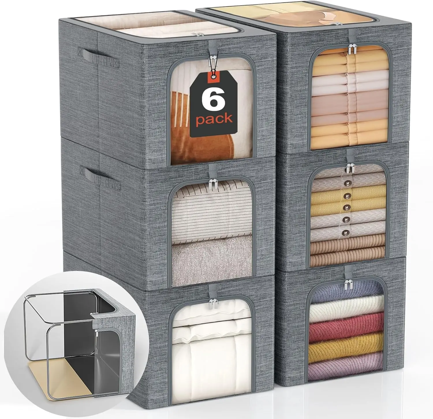 

Clothes Storage Bin with Metal Frame: 6-Pack Stackable Closet Storage Bin with Lid & Clear Window, Sweater Boxes Storage
