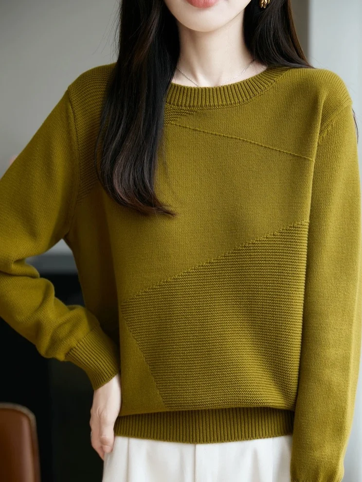 

High-End European Sle round Ne Knitted Sweater Loose Women's Base Layer irt Casual Comfortable Cotton Blend Long Sve