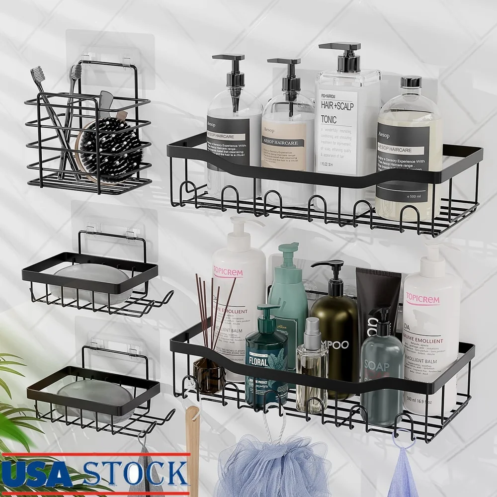 

Нержавеющий клейкий органайзер для душа, набор из 5 шт., сверхмощные полки для хранения в ванной комнате, крючки, держатели для мыльных зубных щеток, легко