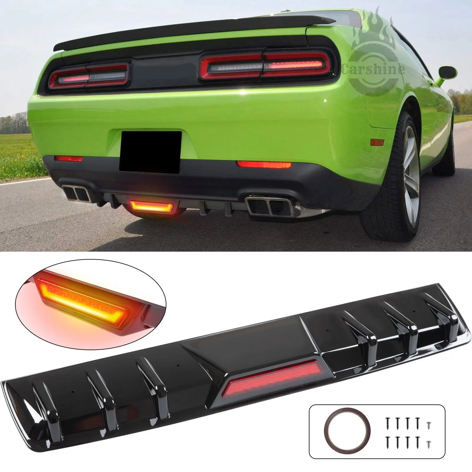 

Для Dodge Challenger: задний бампер, диффузор, сплиттер, спойлер, черные аэродинамические плавники («акулий плавник»)