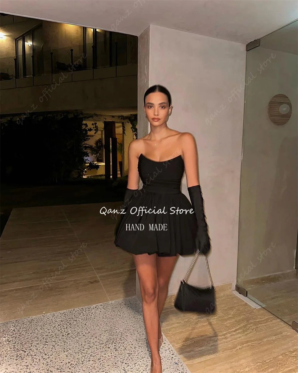 Qanz Short Black Satin Homecoming Dresses Above Length Strapless Ruched Cocktail Dresses Vestido Para Graduacion 2024 Customized