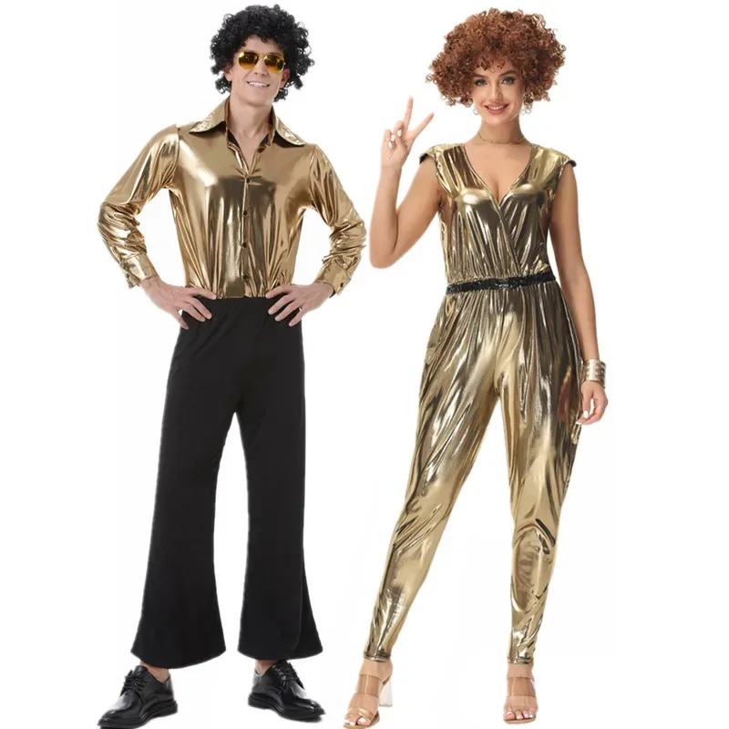 

Gold Vintage 70's Disco Couple Costumes Adult 80's Hippies Costume Suit Men Women Music Festival Party Outfits for Cosplay