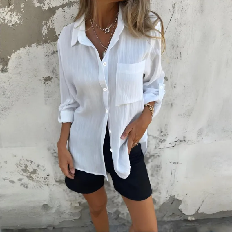 

Autumn New Women's Fashion Loose Solid Color Versatile Women's Shirt Flip Collar Long Sleeve Single Row Multi Button Cardigan