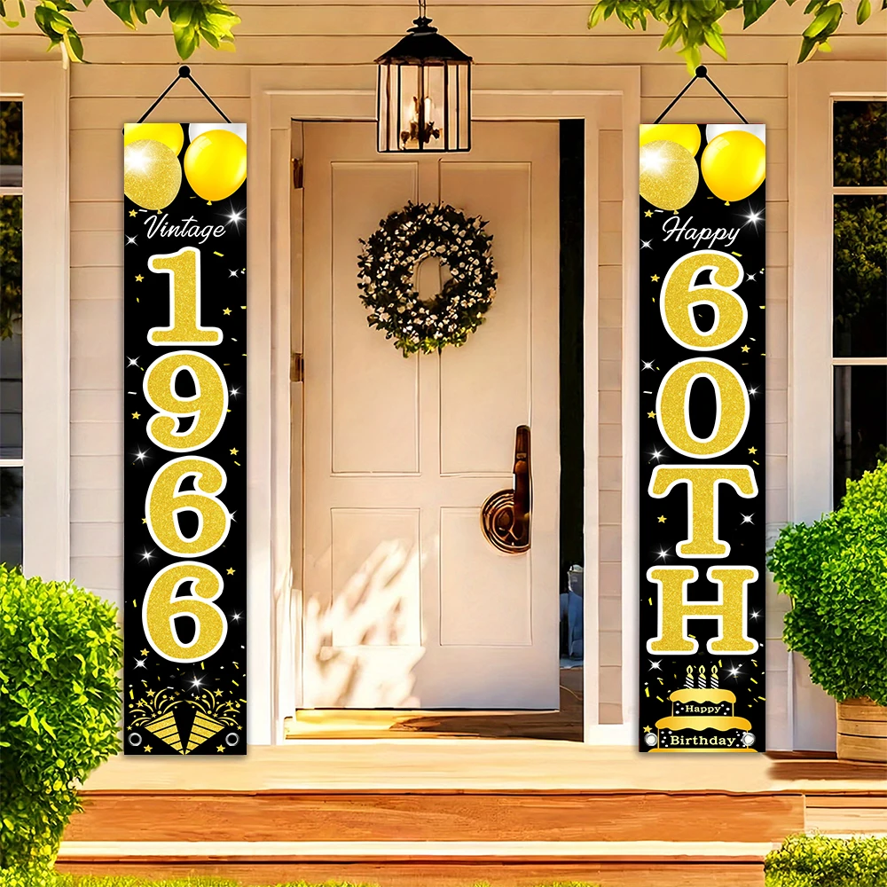 Schwarz-Gold Retro 60. Geburtstag Türschild-Set, Vintage 1966 Themenbanner „Prost auf 60 Jahre“ für die Veranda mit Ballon- und Kuchenmotiven – Detail 7