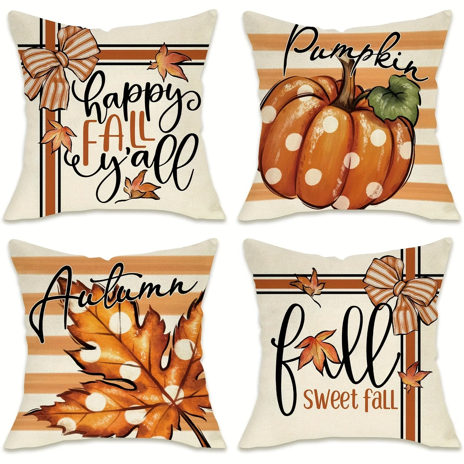 4Pcs 45x45cm Autumn Theme Throw Pillow Covers Farmhouse Thanksgiving Cushion Cases Woven Pumpkin & Maple Leaf Designs Home Decor