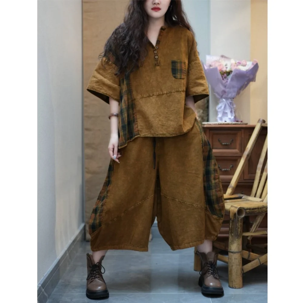 

Vintage-style Plaid Patchwork Suit Women Summer Distressed Loose Short-sleeve T-shirt + Elastic Waist Cropped Pant XY288
