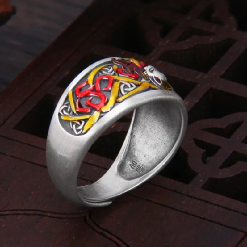 S999 Sterling Silver Rings for Women New Women's Fashion Enamel Peach Blossom Nine-tailed-fox Vintage Ethnic Style Jewelry