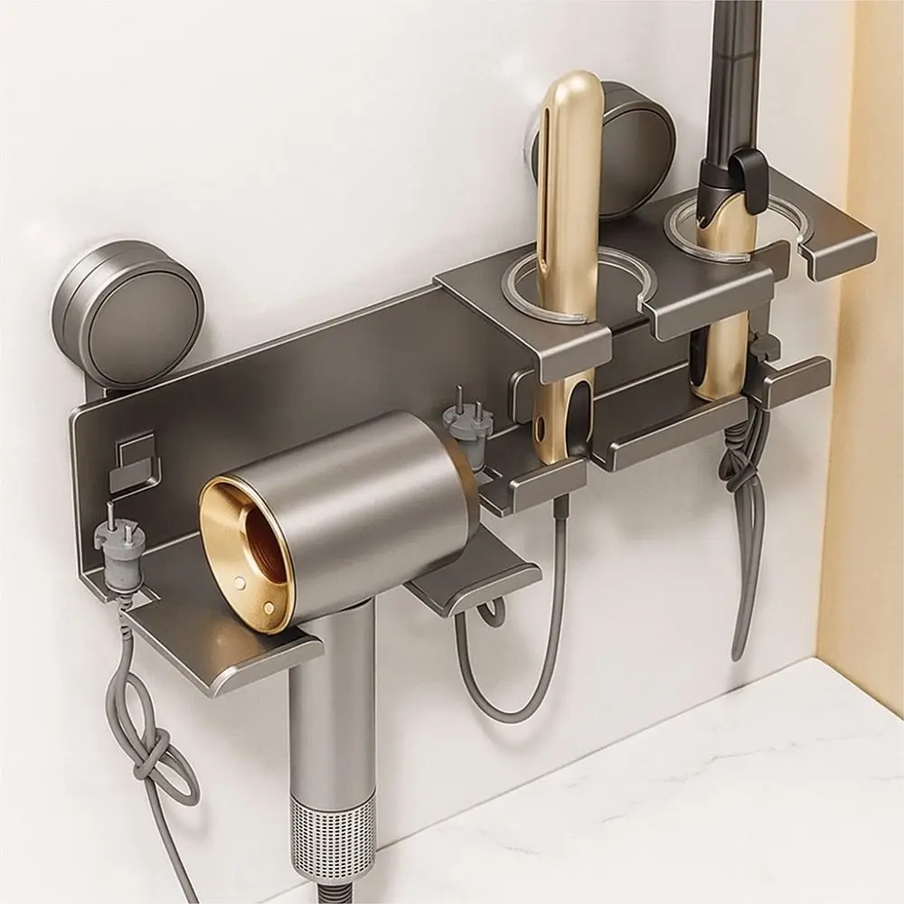 

Aluminum Alloy Suction Cup Hair Dryer Holder Punch Free Large Capacity Hair Dryer Storage Rack Wall Mounted Space Saving