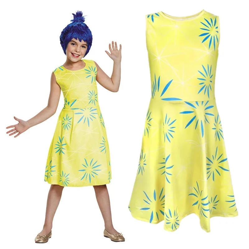 Movie Inside Out Joy Cosplay Costume Cartoon Flower Princess Dress Wig For Kids Girls Halloween Carnival Birthday Party Dress Up