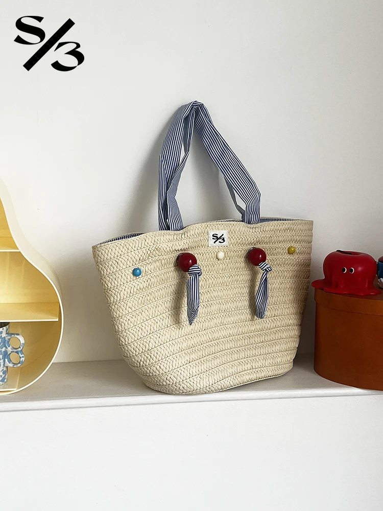 2026 التصميم الأصلي لطيف الكرة العشب حقائب منسوجة الصيف شاطئ البحر عطلة نمط حمل حقيبة من القماش سعة كبيرة حقيبة شاطئية للنساء