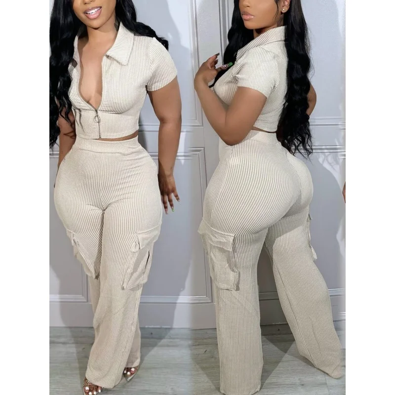 Geripptes, gestreiftes zweiteiliges Outfit für Damen, Revers, Reißverschluss, kurzärmeliges Crop-Top, hochtaillierte Cargo-Hose mit weitem Bein, lässiger Trainingsanzug – Detail 1