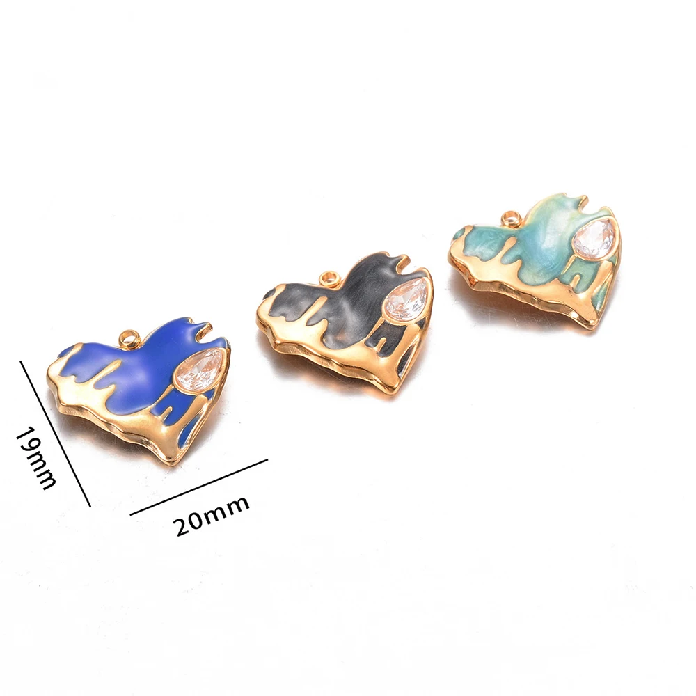 3Pcs Stainless Steel Irregular Lava Dropping Oil Heart Charms Pendant With Zircon DIY Jewelry Necklaces Bracelet