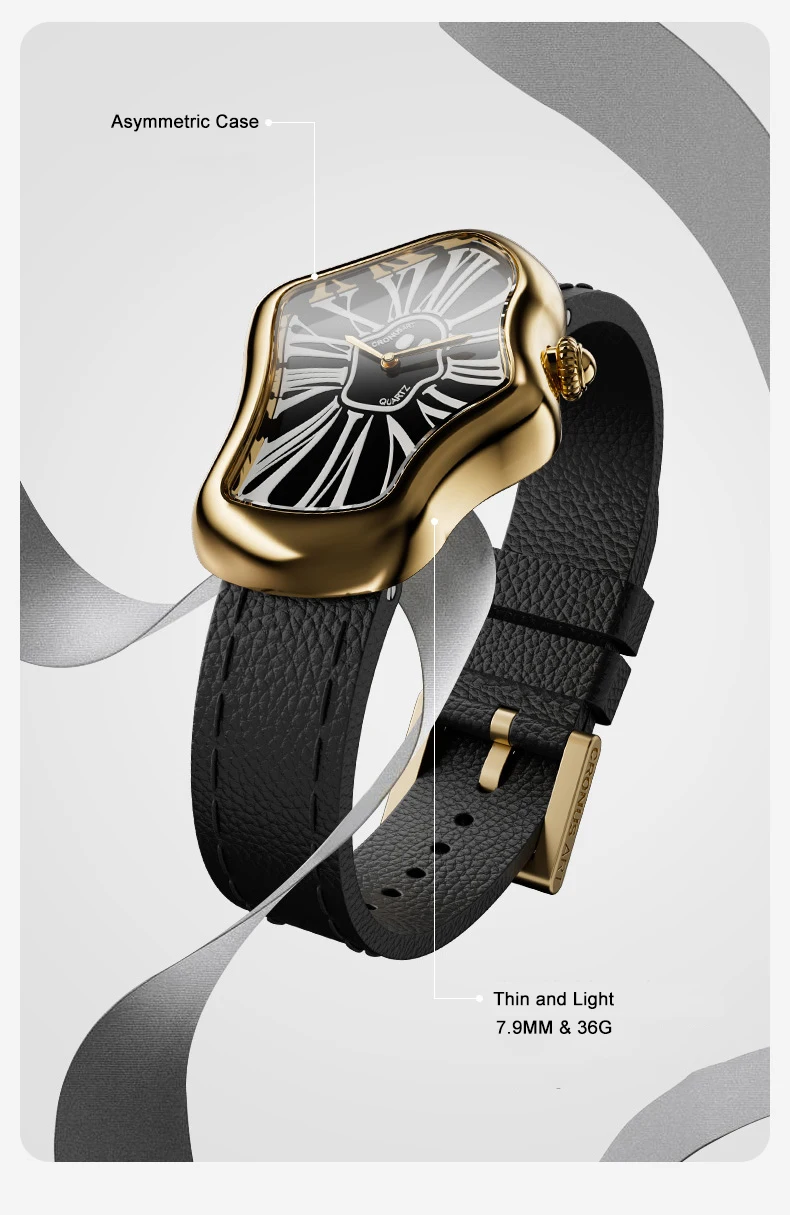 Ronusart-女性用クォーツ時計,高級腕時計,不規則なケース,クリスタルミラー,28mm x 46mm,厚さ7.9mm