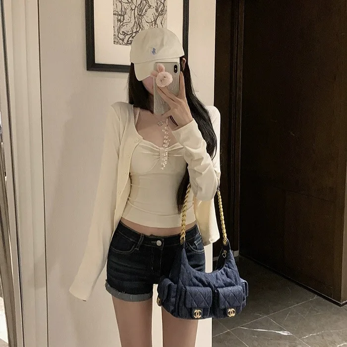 Hot Girl Pure Desire New Two-Piece Set Twist Knot Strap Vest with Chest Pad Open Cardigan Jacket Women Slimming Casual Sports...