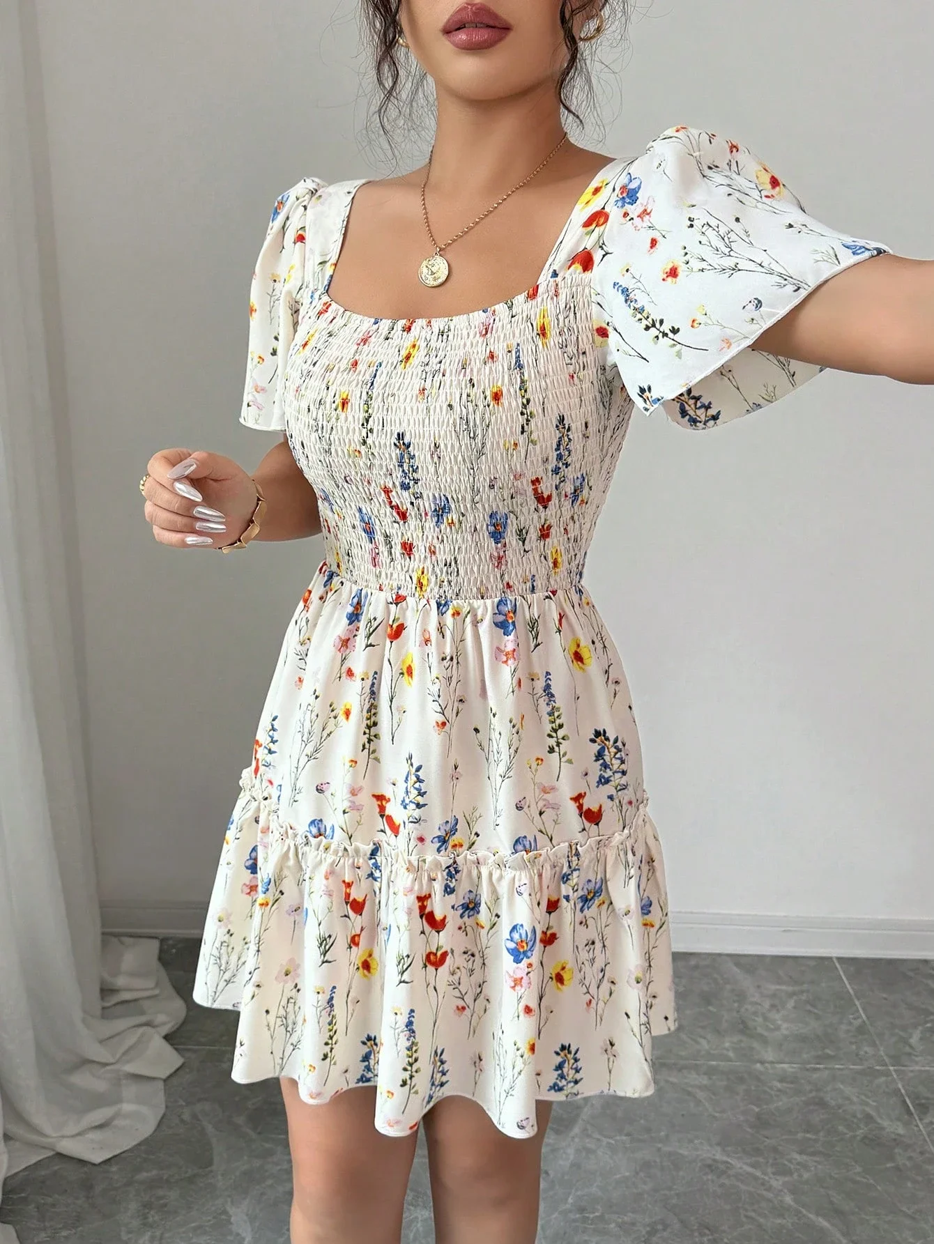 

Women's Square Neck Flared Sleeve A-Line Floral Mini Dress Summer