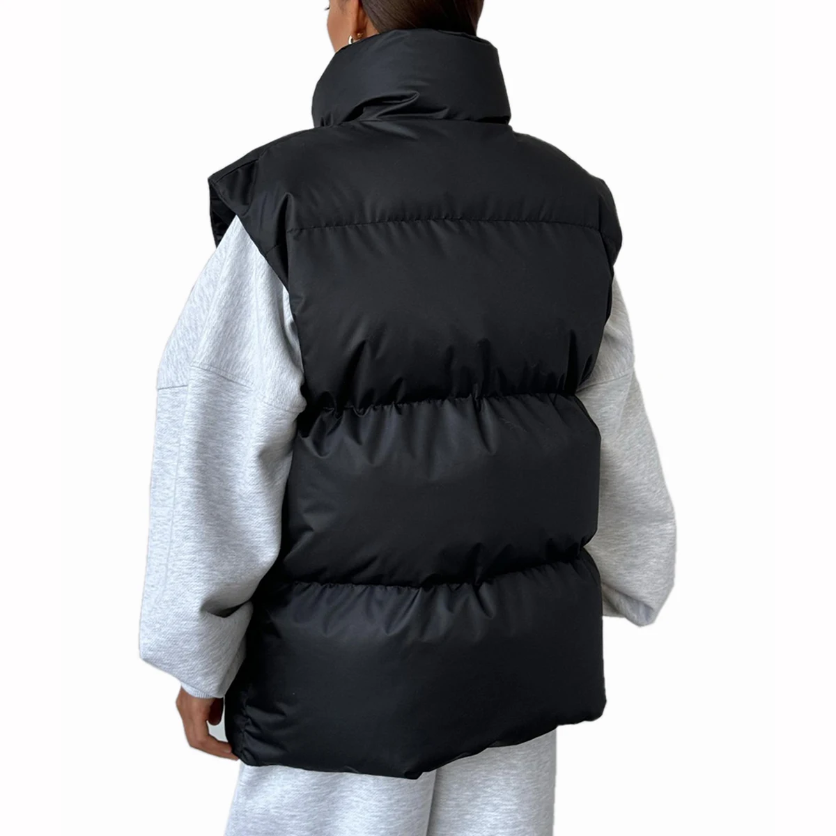 여성용 아우터웨어 캐주얼 조끼 다운 패딩 코튼 퀼팅 슬리브리스 퍼프 루즈 출퇴근용 패딩 겨울 방한 조끼