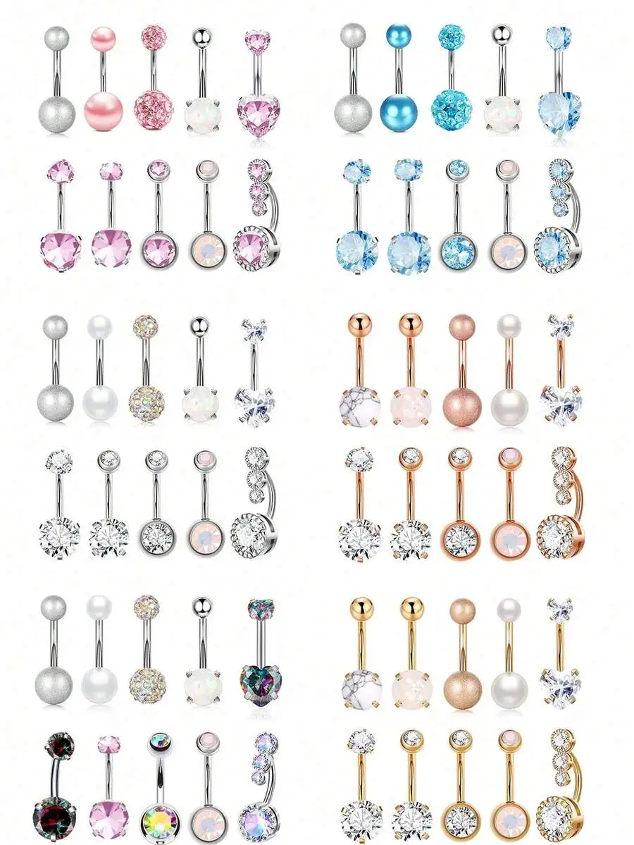 

10pcs Women’s Stainless Steel Belly Rings With Assorted CZ Gemstones For Navel Piercing Body Jewelry Set