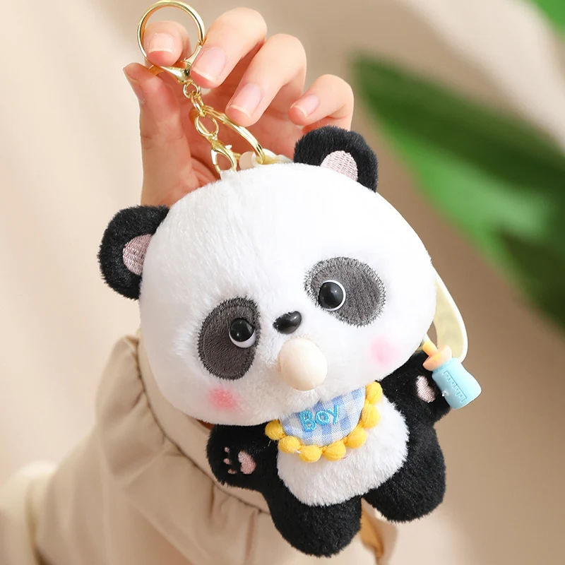 14cm Cute Panda Doll Plush Pendant Bib Bow Black And White Panda Bamboo Leaf Panda Plush Schoolbag Crossbody Bag Purse Pendant