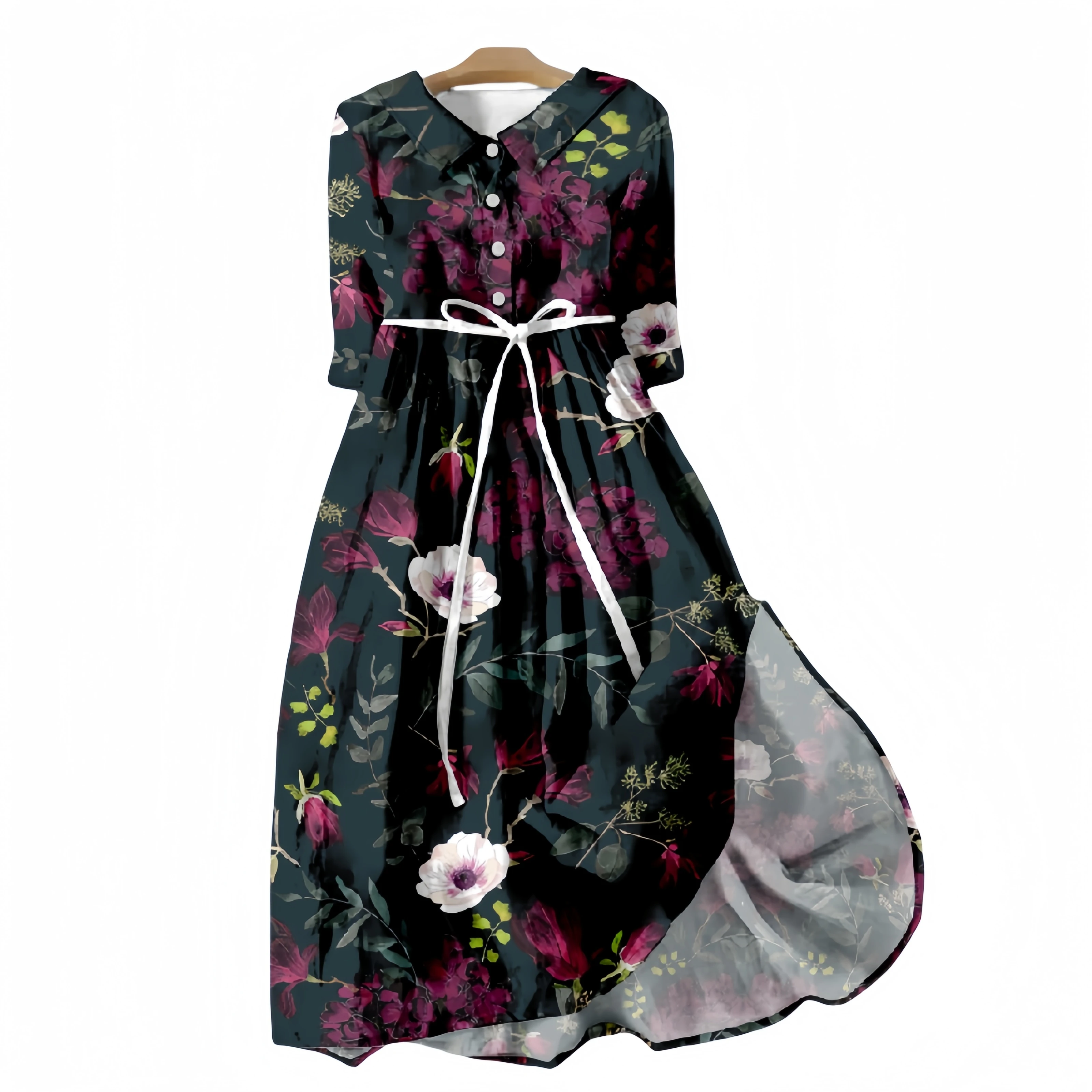 Girls V-neck Dresses With Lapel Waist Strap Mid-length Sleeve Skirts Flower Floral Dress Field Style