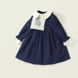 2024 Spring and Autumn Girl's Doll Collar Rabbit Embroidered Dress Korean Cute Baby Kids Long sleeved Navy Lapel Princess Dress