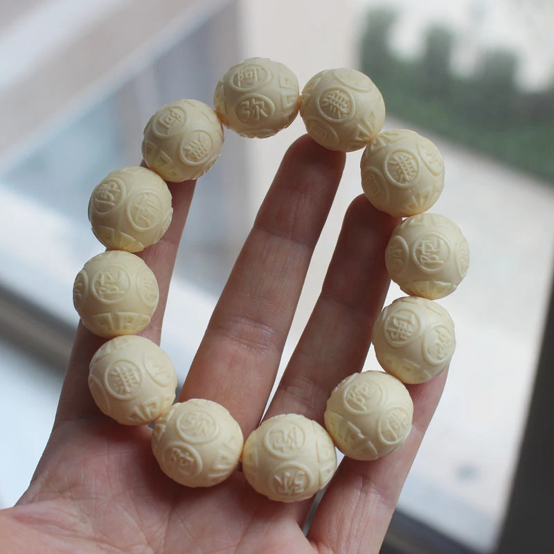 

Ivory Bead Bracelet 20mm with Auspicious Cloud Pattern Beads, Men's Buddhist Bead Bodhi Seed Handheld Bracelet