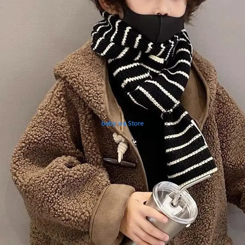 وشاح شتوي محبوك دافئ للأطفال مع صوف مخطط للأولاد والبنات 4XBD #5