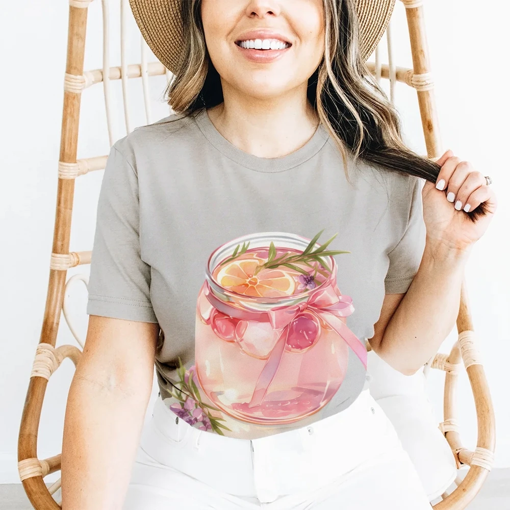

Y2K Graphic T-shirt, Pink Drink with Garnish Print, Refreshing, Sweet and Summery, Soft Fabric for Beverage-Themed Casual Looks