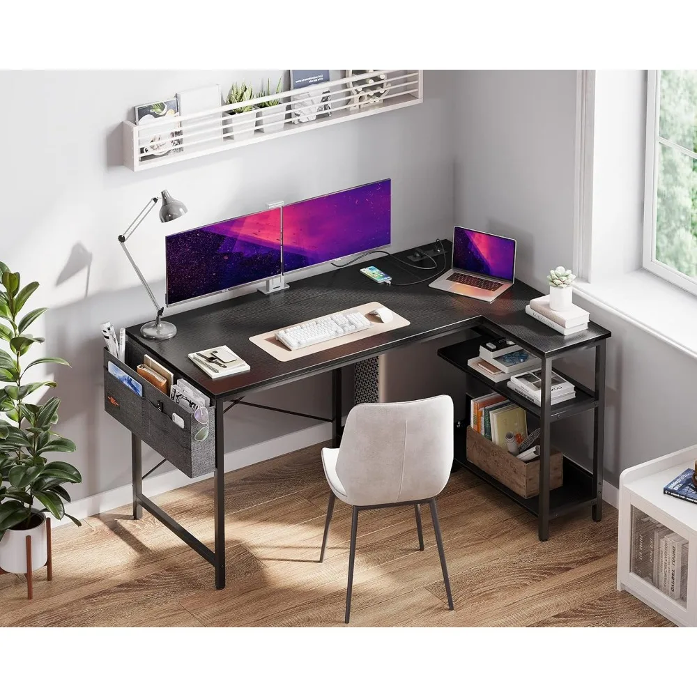 

L Shaped Gaming Computer Desk with Power Outlets,Reversible Storage Shelves PC Stand for Home Office,Simple Writing Study Table