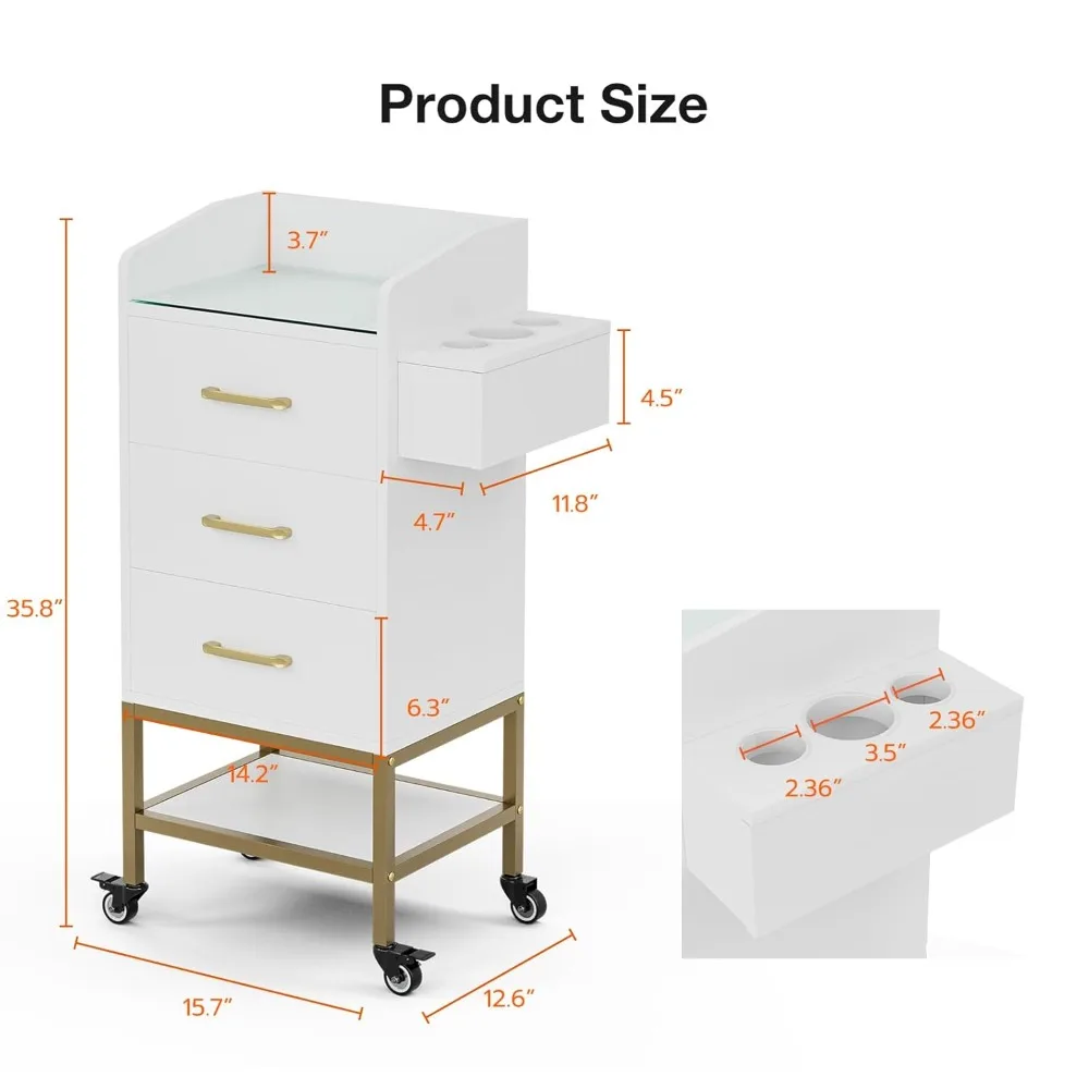محطة صالون مكونة من 4 طبقات لمصفف الشعر، محطة تخزين حلاقة بيضاء مع سطح زجاجي، 3 أدراج، حاملات مجفف الشعر