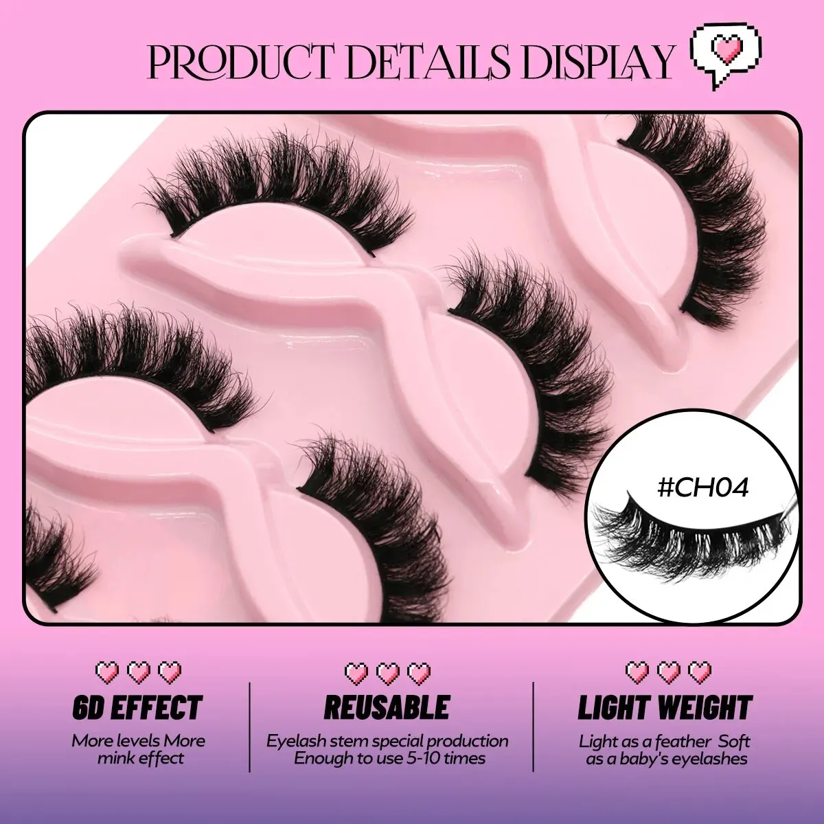 Cílios fofos do vison falso, cílios postiços longos, cílios macios de volume, maquiagem reutilizável, natural, 5 pares