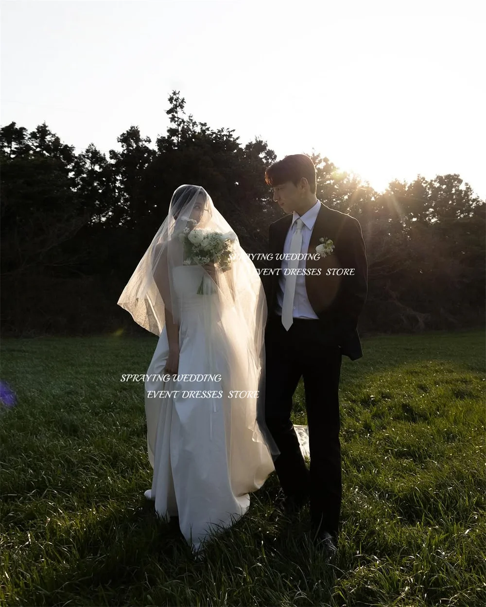 رش فستان زفاف بسيط من قماش التفتا كوريا صورة تبادل لاطلاق النار بدون حمالات مع شال زي العرائس مشد طويل واستدريس 2025 مخصص
