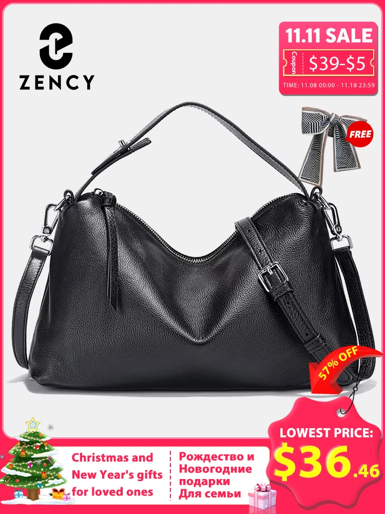 Zency Genuine Leather Tophandle Bag Fashion Hobo Bag Women Shoulder Handbag Crossbody Designer Elegant White Satchel Retro Brown