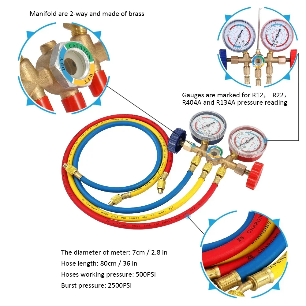 Refrigerant Manifold Gauge Air Condition Refrigeration Set Air Conditioning Tools with Hose and Hook for R12 R22 R404A R134A