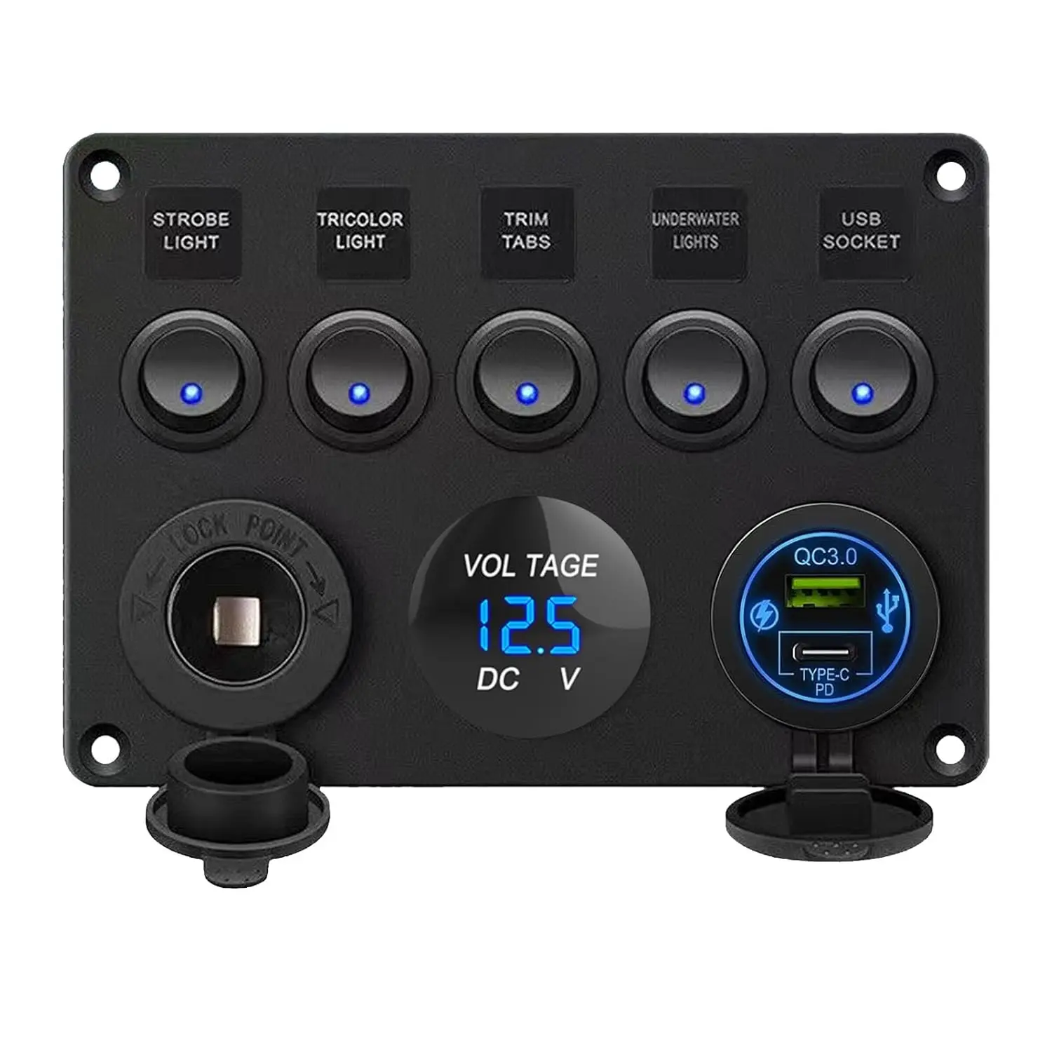 

5 Gang Rocker Switch Panel with PD Type-C, USB Charger, Digital Voltmeter & 12V Outlet for Car, Boat, Truck, Trailer