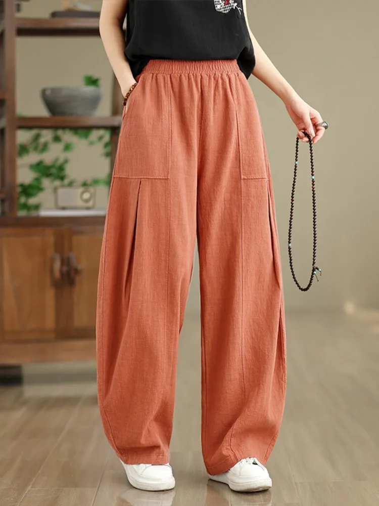 Pantalon lanterne rétro Zen en coton et lin pour femmes, ample, taille élastique, grande taille, pantalon d'entraînement Tai Chi, Long décontracté
