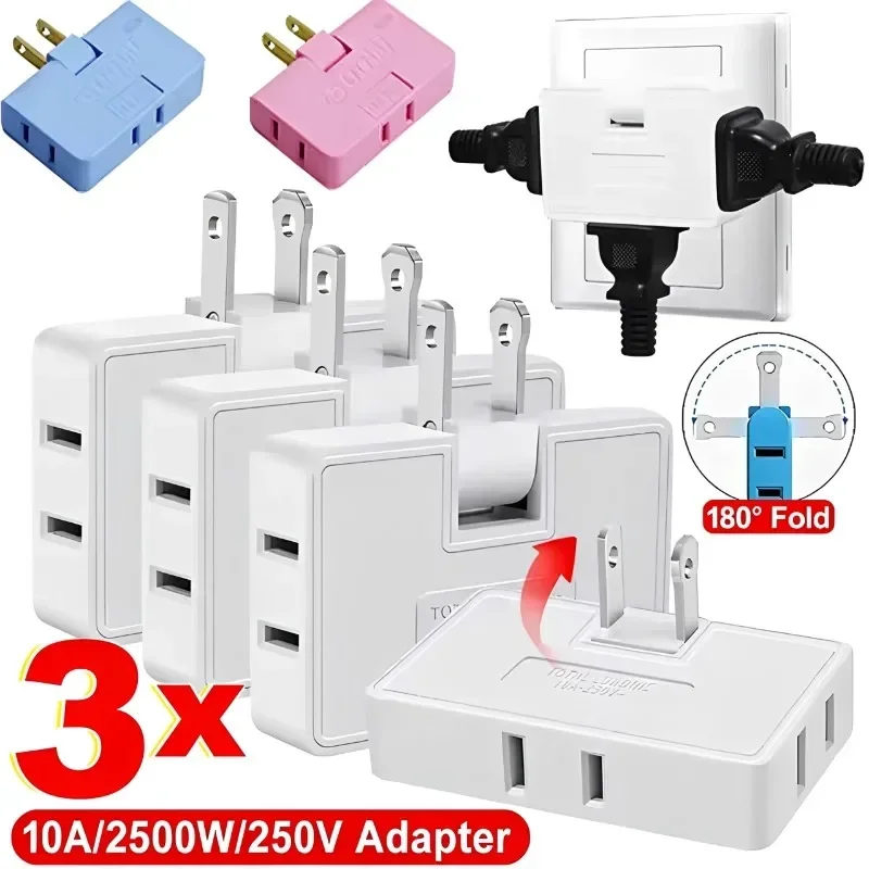 3/2/1Pcs 3 Way Flat Plug Adapter Power Wall Plug US Extension Plug Adapters Portable Foldable Extension Travel Converter Socket