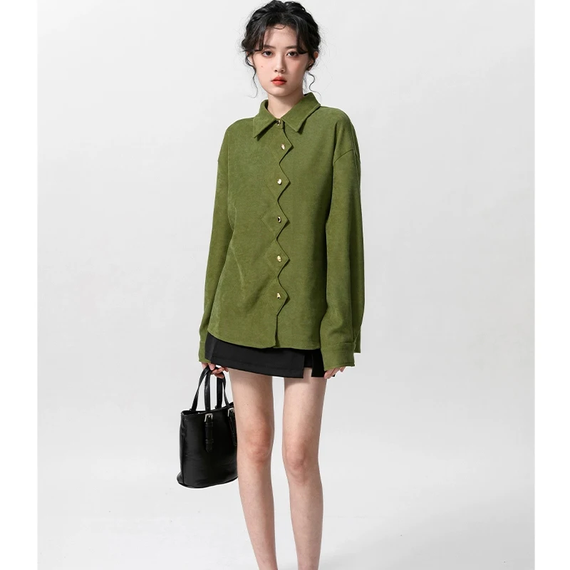 Woman’s Button Down Shirts Dressy Elegant Long Sleeve Collared Loose Casual Retro Blouse 2024 New Woman’s Autumn Green Tops